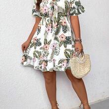 Plus Size Women's Plant And Floral Print Front Tie Dress, Suitable For Summer - Verde - Ver 4