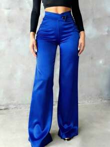 Pantalones rectos de satén de cintura alta para mujer, aptos para uso diario, oficina, traslados, hogar, citas, pequeñas fiestas y eventos sociales ligeros.Color: Negro.Temporada: Primavera - Azul - Ver 6