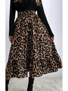 Falda para mujer con estampado de leopardo, cintura alta, holgada y de vuelo largo para uso casual - Color de la imagen - Ver 5