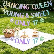 1件装“Young & Sweet Only 17”横幅，全息17岁生日字母横幅，迪斯科主题炫彩17岁生日派对花环，闪光全息生日墙面装饰牌，完美适用于17岁生日派对装饰、主题庆典、迪斯科复古派对、拍照背景以及室内外生日派对用品 - 多色的 - 查看 5