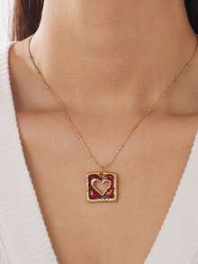 1pc Fashion Sexy Wine Red Drop Oil Gold Plated Square Hollow Heart Pendant Necklace For Women's Daily Wear Jewelry - Burgundy - View 2
