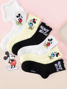 Disney 1/3/6双装迪士尼米奇米妮卡通可爱印花荷叶边中筒袜，时尚舒适百搭男女通用休闲袜，适合所有季节 - 彩色 - 查看 11