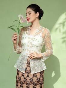 1pc Kebaya For Women, Elegant Long Sleeve Cardigan Blouse, Green Long Sleeve Cardigan Top - Green - View 3