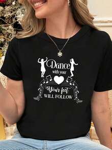 Talla grande, camiseta de mujer de talla grande con estampado gr£fico "Dance with Your Heart", manga corta, cuello redondo, top casual para verano y primavera, ropa de mujer - Negro - Ver 2