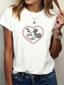 Casual Crew Neck T-Shirt With Heart-Shaped Mouse Print - Women's Y2K Style Short Sleeve T-Shirt, Comfortable For All Seasons, Machine Washable, Fashionable Outfit Made Of High-Quality Fabric [1]-Unisex Cotton Loose Fit Short Sleeve Crew Neck Urban Vintage Style T-Shirt - 白色 - 查看 3