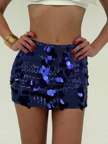 Falda de lentejuelas elegante, diseño de lentejuelas de festival de música chic de cintura baja, falda mini versátil y brillante para mujeres, regalo de San Valentín, noche de cita - Azul marino - Ver 2