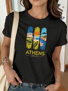 Women's Greek Themed T-Shirt From Athens, With Slogan Decoration And Parthenon Sea View, Casual Short Sleeve, Vintage Travel Style In Yellow And Blue, Greek Travel T-Shirt - 黑色 - 查看 6