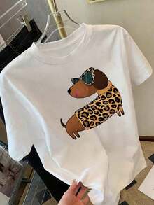 1 pieza de camiseta de manga corta con panel frontal, estampado de perro leopardo, top casual de manga corta para mujer con estampado de perro a la moda y cuello redondo - Ropa de mujer, ajuste cómodo, diseño clásico, 180g 100% algodón. - Blanco - Ver 1