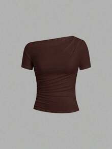 Camiseta de moda de manga corta con hombros oblicuos y ajustada de unicolor para mujer, verano - Multicolor 2 - Ver 4