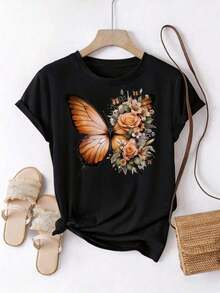 Women's Casual Short-Sleeved T-Shirt - Bright Orange Butterfly And Flower Print, Lightweight And Breathable Fabric, Comfortable And Loose Fit For Spring And Summer, Nature-Inspired Design, Soft Textured T-Shirt - Unisex Loose-Fitting Cotton Short-Sleeved Round Neck Urban Vintage Style T-Shirt. - 黑色 - 查看 12