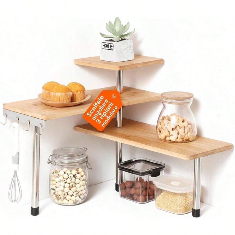 Mensola Angolare Avilia per Cucina, 3 Ripiani, Legno, Bambù, Struttura in Acciaio, Scaffale Angolare, Portaspezie in Bambù con Ganci - 1 - Visualizzare 1