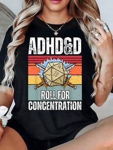 Golden Twenty-Sided Die With Swords Amidst Fire And Colored Stripes Symbolizing Energy, Creativity, And Concentration For Adventurous Gamers; Fun Casual Women's T-Shirt - 黑色 - 查看 8