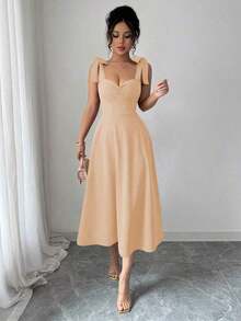 elegante y romántico para mujer con lazo decorativo en la cintura y corte evasé sin mangas - Albaricoque - Ver 7