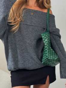 Off Shoulder Oversized Knit Sweater, Fall Winter Casual Long Sleeve Loose Fit Slouchy Pullover Women Daily Basic Knitwear Tops - Dark Grey - View 6