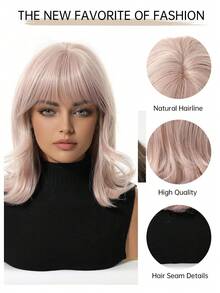 12-Inch Short Straight Wig, Pink Color With Layers And Bangs, Natural Straight Hair Texture, Retro Cosplay Style, Suitable For Multiple Occasions, Universal Size, Ideal For Halloween - 粉色 - 查看 7