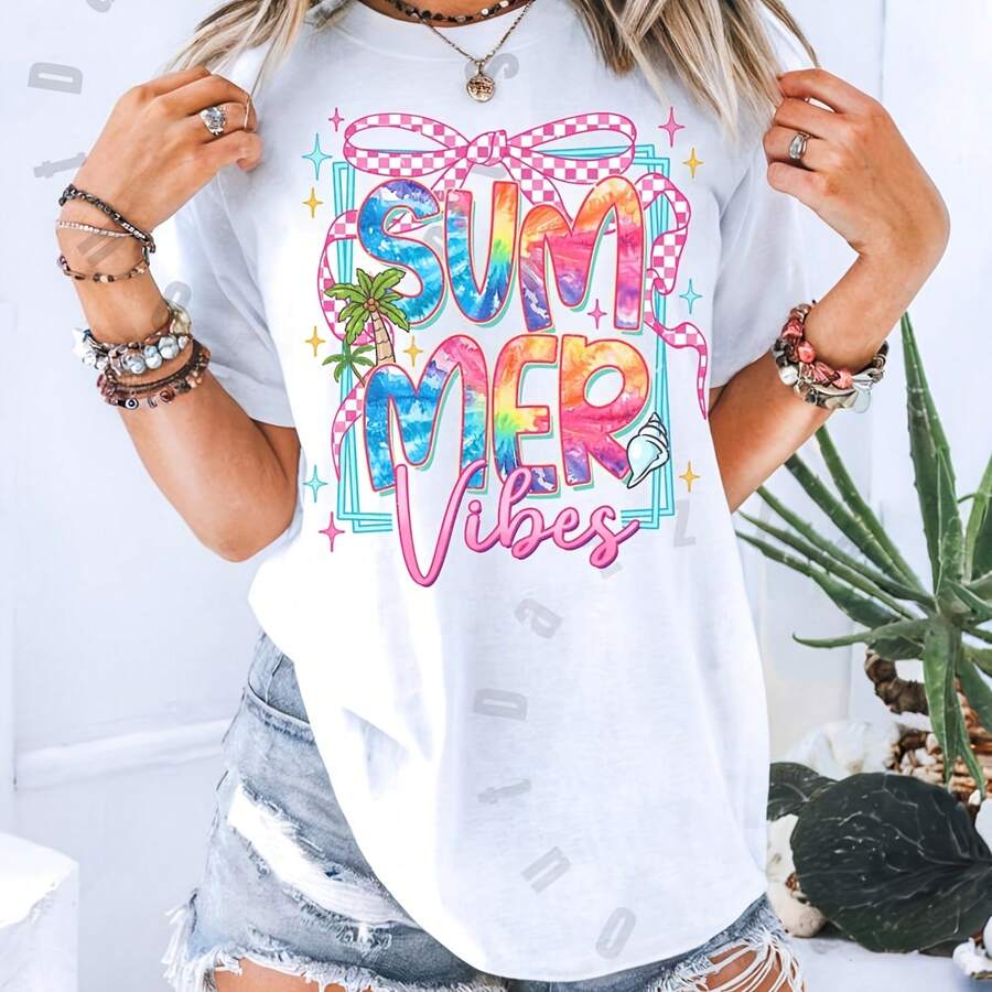 Summer Vibes ® T-Shirt, Uni Gart-Dyed Tee, Beachwear, Vacation Essential, Fun Summer Rel, Perfect Gift For 220g Heavyweight 100% Cotton T-Shirt. Butterfly Print. Unisex Sizing. Round Neck Inspirational T-Shirt. Cute And Beautiful Y2K-Inspired Summer Top, Perfect For The Outdoors, Home, Work, Or Street Wear. Casual, Loose-Fitting Everyday T-Shirt. - 白色 - 查看 1