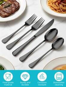 5件/20件/30件黑色不锈钢餐具套装，6人份镜面抛光餐具套装，适用于家庭厨房，包含刀、叉和勺，厨房用品，圣诞礼物 - - - 查看 4