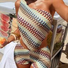 Swim Vcay Women's Rainbow Wave Pattern Halter Backless Tie Bikini Set With Shorts, Beach Party Holiday 2-Piece Outfit - Multicolor - Ver 6