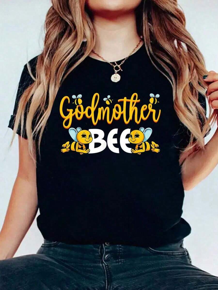 Madrina, Madre Divina, Amante de las Abejas, Día de los Patrones, Camiseta Casual de Moda, Camiseta Estampada 100% Algodón para Mujer, Camisetas de Verano de Manga Corta con Estampado Gráfico, Tops para Mujer - Negro - Ver 1