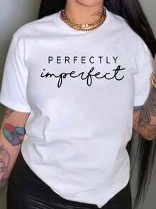 1 Piece Of Women's Short-Sleeve Crew Neck T-Shirt With "Perfectly Imperfect" Letter Print, Basic Summer Cotton-Blend Tee, Casual Style, With Minimalist Black And White Lettering, Soft Graphic Tee For Everyday Wear On The Street And In The Office. Women's Short-Sleeve Crew Neck T-Shirt With Letter Print, Everyday Casual Wear, 210g, 100% Cotton, All Designs Are Printed. Unisex. - 白色 - 查看 1
