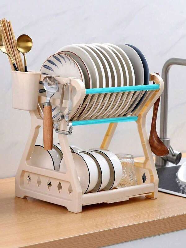 1pc Kitchen Storage Rack Utensils Drying Washing Draining Bowl Rack Dish Cabinet Dish Bowl Chopsticks Plate Knife Storage Box Double Layer Tableware Rack