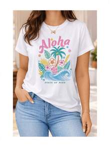 Playera Mujer Casual Manga Corta Estampado Aloha Estilo Playero Palmeras Flores Tropicales - Blanco - Ver 5