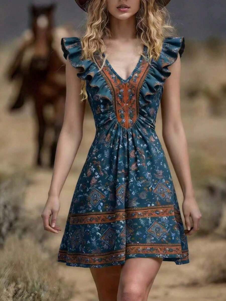 Women's Dress With Localized Print, New Spring-Summer 2026 Collection - Medium Wash - View 1