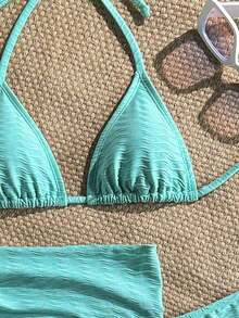 Conjunto de 3 piezas de traje de baño de bikini de unicolor y estilo sexy de halter para mujeres, conjunto de traje de baño, para vacaciones de verano en la playa - Verde 3 - Ver 7