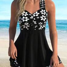 Floral Print Criss-Cross Drawstring Split Skirt Swimwear Set For Women, Ladies Swimwear And Summer Beach Vacation Outfit, Women's Spaghetti Strap Tankini Swimwear Black - Negro - Ver 2
