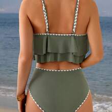 Swim Lushore 2pcs Ruched Color Block Spring Break Swimwear, High Waist Pleated Triangle Bikini Set For Summer Beach Vacation - azul real - Ver 3