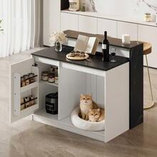 Kitchen Island, Kitchen Island With Bar Counter, Kitchen Table & Bar Counter, Multifunctional Kitchen Table, With Pet Resting Area, For Kitchen & Dining Room, White + Black Marble Look, 120*80*100cm - Black and White - View 9
