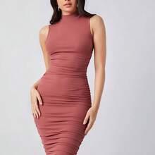 Mock-Neck Ruched Solid Dress,Business Casual Woman - Camel - Ver 2