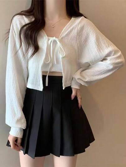 1 chiếc khăn choàng nữ kiểu dáng mới, tay dài buộc dây, tay phồng, áo khoác cardigan ngắn, áo choàng chống nắng.