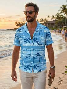 Men's Hawaiian Shirt Palm Tree Print Hawaiian Shirt Short Sleeve Casual Button Down Beach Shirt For Summer Vacation - 淺藍色 - 查看 1