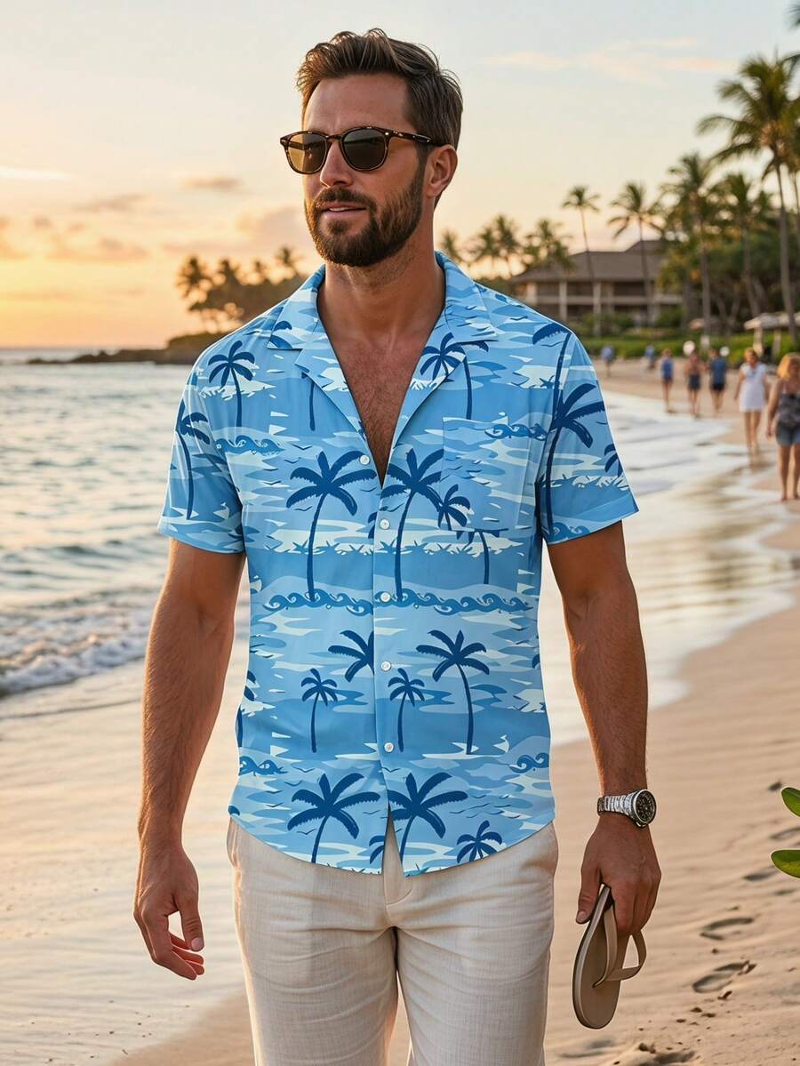 Men's Hawaiian Shirt Palm Tree Print Hawaiian Shirt Short Sleeve Casual Button Down Beach Shirt For Summer Vacation - 淺藍色 - 查看 1