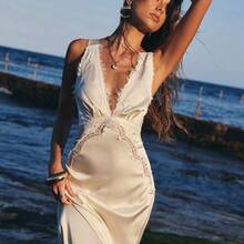 Solid Color V-Neck Off-Shoulder Elegant Dress For Women, Suitable For Spring/Summer Vacation - Blanco - Ver 2