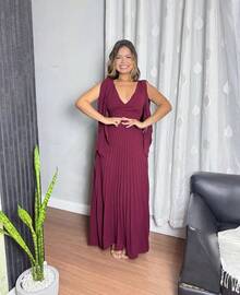 Long Pleated Party Dress - 酒紅色 - 查看 1