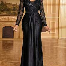 Lady Women's V-Neck Lace Patchwork Pleated Elegant Waist Cinched Long Party Dress - Negro - Ver 4