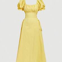 MOD Women's Solid Color Square Neck Petal Sleeve Tie Waist Mid-Length Dress,Spring/Summer Outfits For Women,Beach Outfit,Holiday,Vacation,Y2k,Outfits For Women,Women Clothes, Country Concert Outfit,Country Concert Outfit ,Blue Spring Dress,Picnic Dress,Tea Party Dress For Women,Summer Dresses For Women - Rosa Pálido - Ver 4