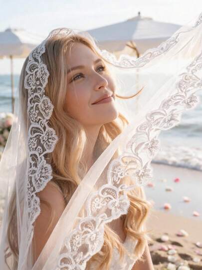 Nuevo velo transparente con ribete de encaje blanco, velo de tul suave y romántico para boda en la playa, tocado nupcial elegante para ceremonia de boda, fotografía, fiesta