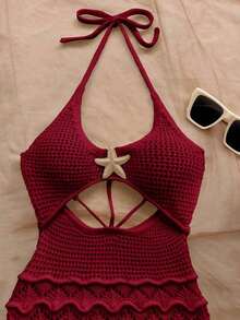 Vestido ajustado con escote en V, tirantes finos, calado y decoración de estrella de mar metálica.Ideal para vacaciones, citas, té de la tarde, festivales de música, estilo bohemio, vacaciones en la playa, verano con tirantes finos y atar en la espalda. - Burdeos - Ver 5