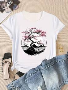 Women's Cherry Blossom Graphic T-Shirt - Soft, Short Sleeve, Crew Neck, All Season Comfort, White With Pink And Black Geometric Design, For Spring And Summer. - 白色 - 查看 1