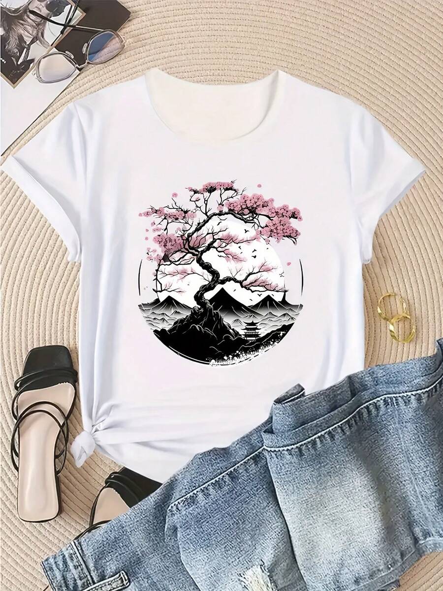 Women's Cherry Blossom Graphic T-Shirt - Soft, Short Sleeve, Crew Neck, All Season Comfort, White With Pink And Black Geometric Design, For Spring And Summer. - 白色 - 查看 1