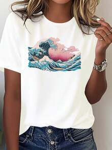 Women's T-Shirt "The Great Wave Off Kanagawa" - Round Neck, 100% Cotton, Blue And Red Wave Print Inspired By Japanese Culture, Machine Washable, Casual Wear - 白色 - 查看 1