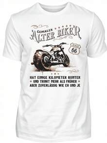 Men's Black Short-Sleeved T-Shirt With A Graphic Print Of The Phrase "German Alter Biker Vintage Motorcycle 66 Years Genialer Reliable Rider". | Casual Crew Neck, Slightly Stretchy Fabric, Regular Fit, Suitable For All Seasons. Loose And Comfortable For Summer. - White - View 12