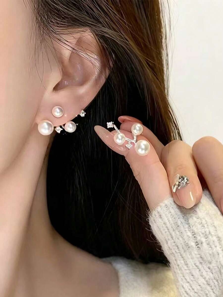 1 Pair Elegant Faux Pearl & Crystal Stud Earrings, Minimalist Versatile Ear Jewelry For Women - White - View 1