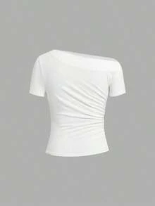 Camiseta de moda de manga corta con hombros oblicuos y ajustada de unicolor para mujer, verano - Multicolor 5 - Ver 8