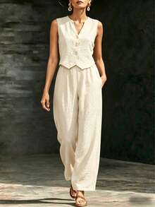 Women's Two-Piece Linen Outfit: Casual Sleeveless Button-Down Vest And Wide-Leg Trousers, Summer Vacation Casual Suit. - Màu be - Xem 1