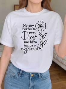 Corte Regular que Favorece la Relajación Personal Español No soy Perfecta pero Dios me hizo única y especial Estampado Floral Camiseta de Moda Casual para Mujer con Cuello Redondo Primavera Verano Uso Diario Compras Fiesta Atuendo Casual Diario Verano - Blanco - Ver 1