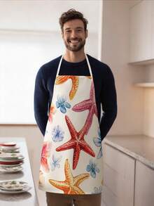1 pieza, Delantal de poliéster con estampado de estrella de mar, concha, medusa y pez, adecuado para cocinar, hornear y jardinería - se puede usar como vestimenta para la cocina y el comedor. - Multicolor - Ver 9